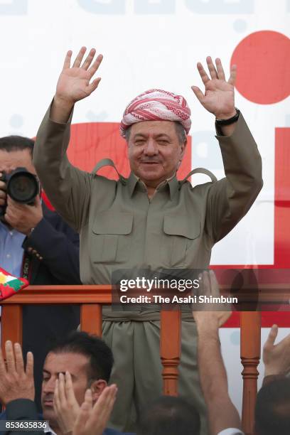 Kurdish President Masoud Barzani waves during a rally for the upcoming referendum for independence of Kurdistan on September 22, 2017 in Erbil, Iraq....