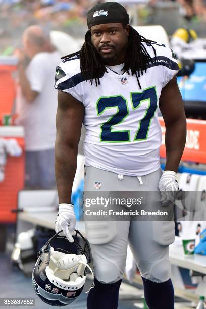 Eddie Lacy of the Seattle Seahawks watches from the sideline during a game against the Tennessee Titans at Nissan Stadium on September 24, 2017 in...