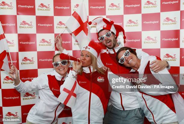Jenny Meadows, Hayley Jones, Rich Peters and Helen Clitheroe during the kitting out session at St George's Park, Burton.