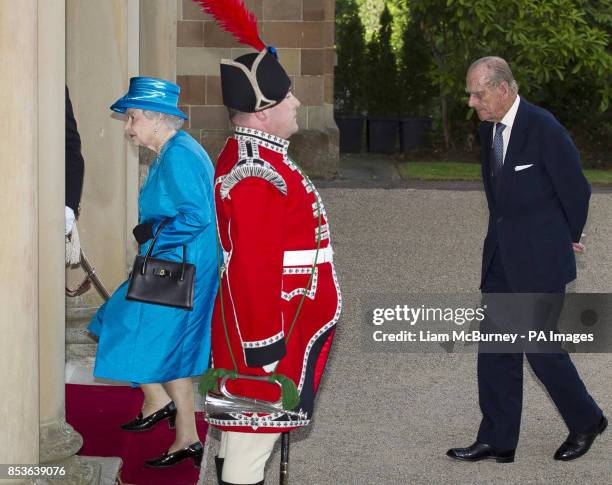 Queen Elizabeth II and The Duke of Edinburgh arrive at Hillsbourgh Castle at the beginning of a three day Royal visit to Northern Ireland.