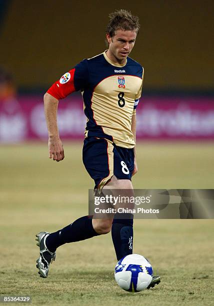 Matt Thompson of Newcastle Jets competes during the AFC Champions League Group E match between Beijing Guoan and Newcastle Jets FC at Beijing...