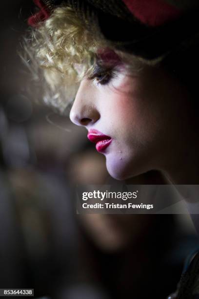 Model is seen backstage ahead of the Antonio Marras show during Milan Fashion Week Spring/Summer 2018 during Milan Fashion Week Spring/Summer 2018 on...