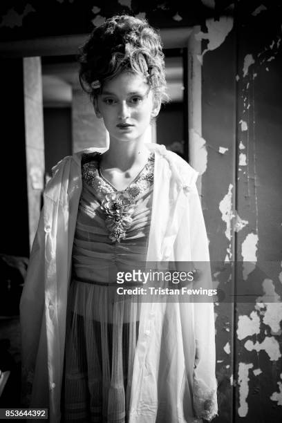 Model is seen backstage ahead of the Antonio Marras show during Milan Fashion Week Spring/Summer 2018 on September 22, 2017 in Milan, Italy.