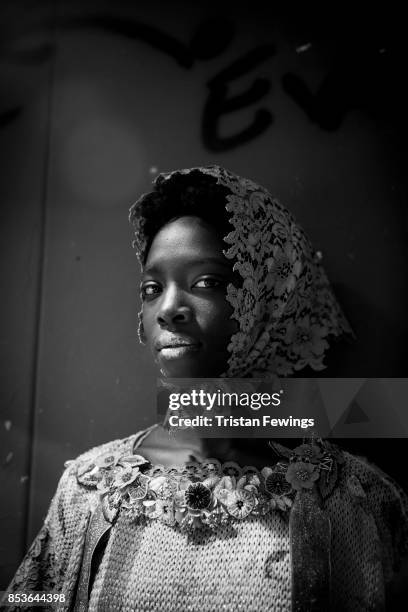 Model is seen backstage ahead of the Antonio Marras show during Milan Fashion Week Spring/Summer 2018 on September 22, 2017 in Milan, Italy.