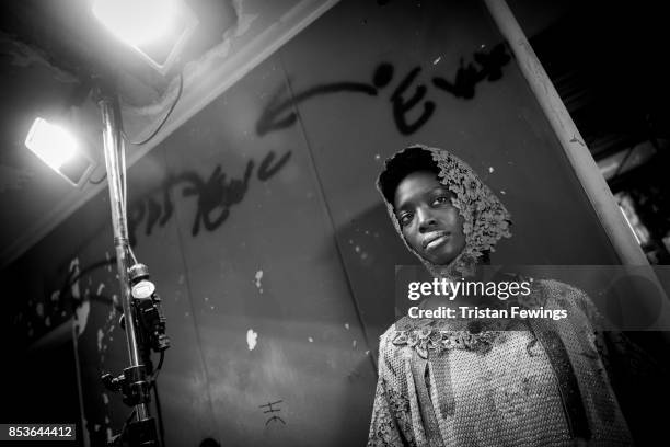 Model is seen backstage ahead of the Antonio Marras show during Milan Fashion Week Spring/Summer 2018 on September 22, 2017 in Milan, Italy.