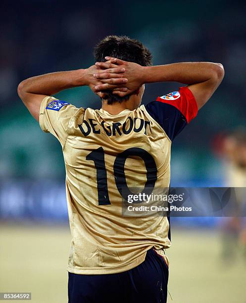 Donny de Groot of Newcastle Jets reacts during the AFC Champions League Group E match between Beijing Guoan and Newcastle Jets FC at Beijing Worker's...