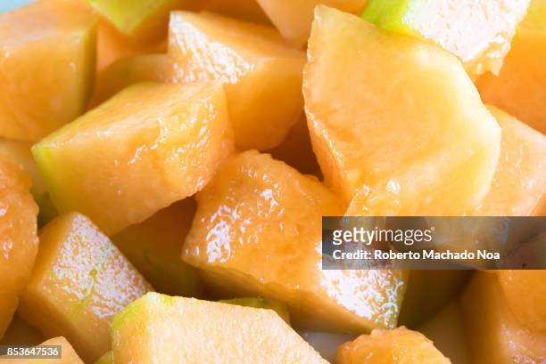 Healthy eating: Close-up of cantaloupe fruit salad. The fruit is also known as mushmelon, rockmelon, sweet melon, or spanspek refers to a variety of...