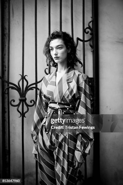 Model is seen backstage ahead of the Philosophy By Lorenzo Serafini show during Milan Fashion Week Spring/Summer 2018 on September 23, 2017 in Milan,...