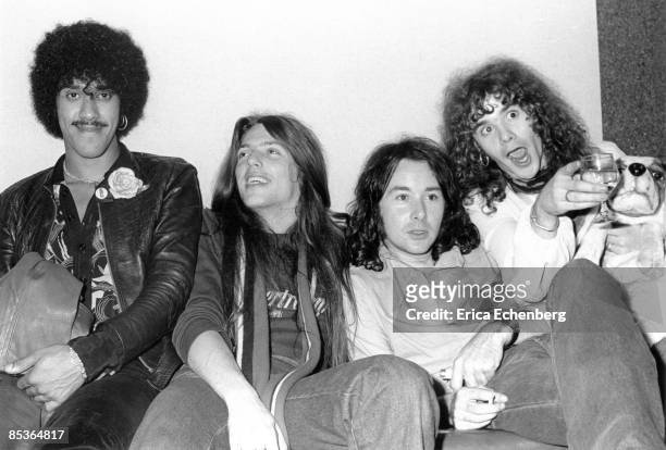 Photo of THIN LIZZY and Scott GORHAM and Phil LYNOTT and Brian ROBERTSON and Brian DOWNEY; L-R Phil Lynott, Scott Gorham, Brian Downey, Brian...