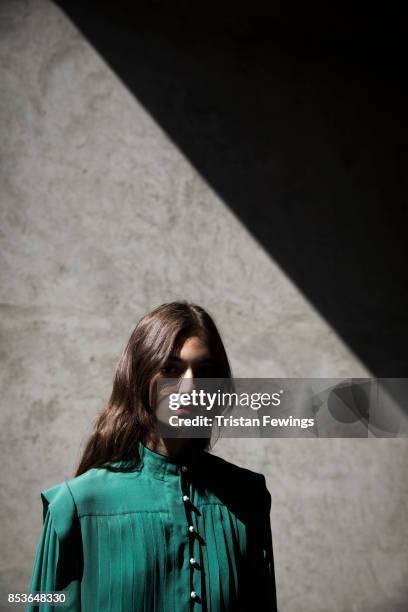 Model is seen backstage ahead of the Philosophy By Lorenzo Serafini show during Milan Fashion Week Spring/Summer 2018 on September 23, 2017 in Milan,...