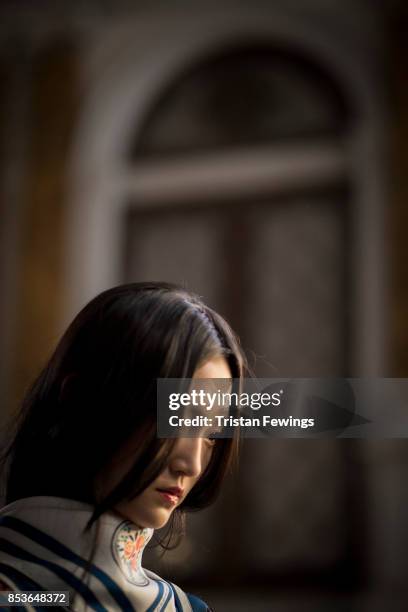 Model is seen backstage ahead of the Philosophy By Lorenzo Serafini show during Milan Fashion Week Spring/Summer 2018 on September 23, 2017 in Milan,...