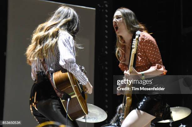 Danielle Haim and Este Haim of HAIM perform during the 2017 Life is Beautiful Festival on September 24, 2017 in Las Vegas, Nevada.