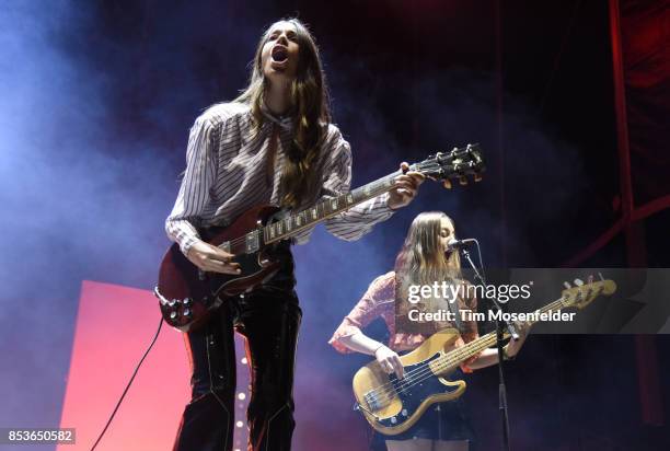 Danielle Haim and Este Haim of HAIM perform during the 2017 Life is Beautiful Festival on September 24, 2017 in Las Vegas, Nevada.