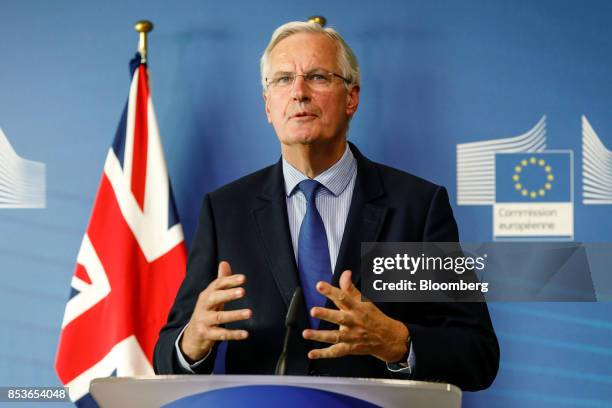 Michel Barnier, chief negotiator for the European Union , speaks during a news conference as Brexit negotiations resume in Brussels, Belgium, on...