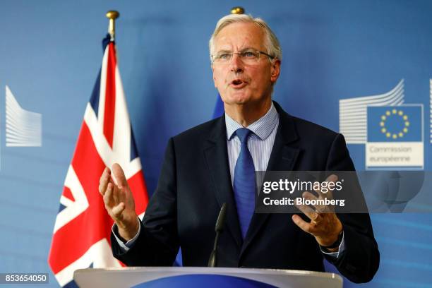 Michel Barnier, chief negotiator for the European Union , speaks during a news conference as Brexit negotiations resume in Brussels, Belgium, on...