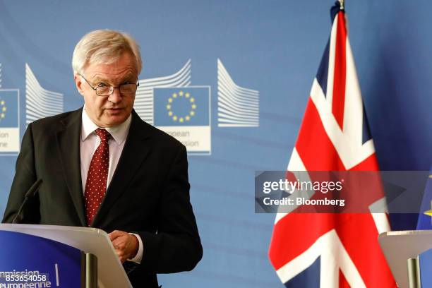 David Davis, U.K. Exiting the European Union secretary, speaks during a news conference as Brexit negotiations resume in Brussels, Belgium, on...
