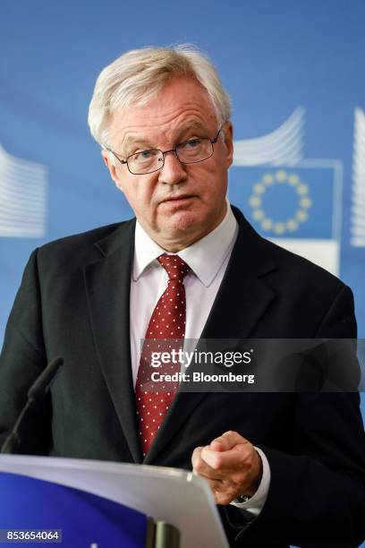 David Davis, U.K. Exiting the European Union secretary, pauses while speaking during a news conference as Brexit negotiations resume in Brussels,...