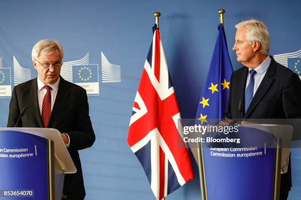 David Davis, U.K. Exiting the European Union secretary, left, speaks as Michel Barnier, chief negotiator for the European Union , listens during a...