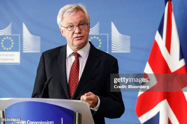 David Davis, U.K. Exiting the European Union secretary, speaks during a news conference as Brexit negotiations resume in Brussels, Belgium, on...