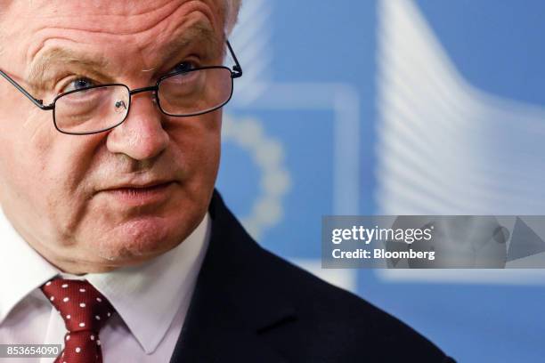 David Davis, U.K. Exiting the European Union secretary, speaks during a news conference as Brexit negotiations resume in Brussels, Belgium, on...