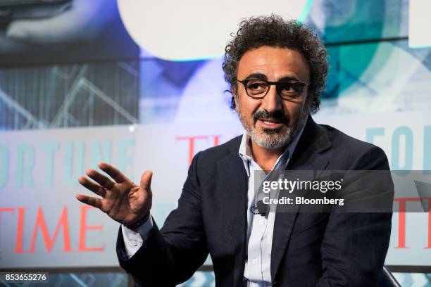 Hamdi Ulukaya, chairman and chief executive officer of Chobani LLC, speaks during the CEO Initiative event in New York, U.S., on Monday, Sept. 25,...