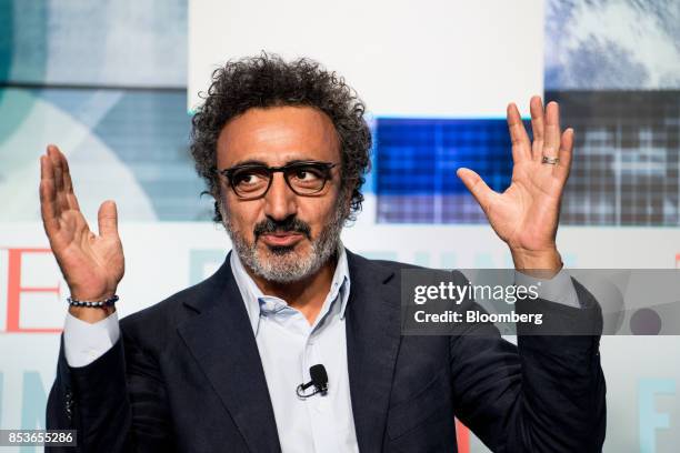 Hamdi Ulukaya, chairman and chief executive officer of Chobani LLC, speaks during the CEO Initiative event in New York, U.S., on Monday, Sept. 25,...