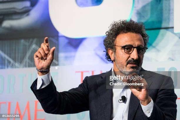 Hamdi Ulukaya, chairman and chief executive officer of Chobani LLC, speaks during the CEO Initiative event in New York, U.S., on Monday, Sept. 25,...