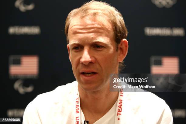Biathlete Lowell Bailey addresses the media during the Team USA Media Summit ahead of the PyeongChang 2018 Olympic Winter Games on September 25, 2017...