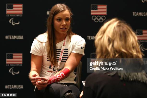 Paralympic Nordic Skiier Oksana Masters addresses the media during the Team USA Media Summit ahead of the PyeongChang 2018 Olympic Winter Games on...