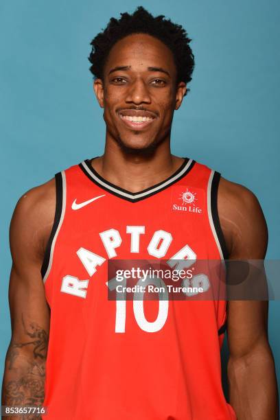 DeMar DeRozan of the Toronto Raptors poses for a head shot during Media Day on September 25, 2017 at the BioSteel Centre in Toronto, Ontario, Canada....