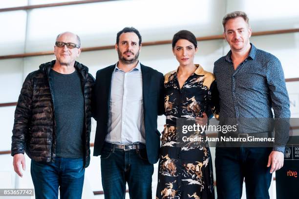 Daniel Araoz, Diego Lerman, Barbara Lennie and Claudio Tolcachir attend 'Una Especie de Familia' photocall during 65th San Sebastian Film Festival on...