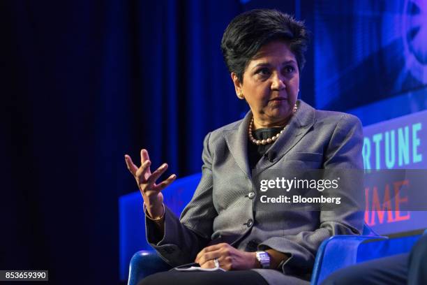 Indra Nooyi, chairman and chief executive officer of PepsiCo Inc., pauses while speaking during the CEO Initiative event in New York, U.S., on...