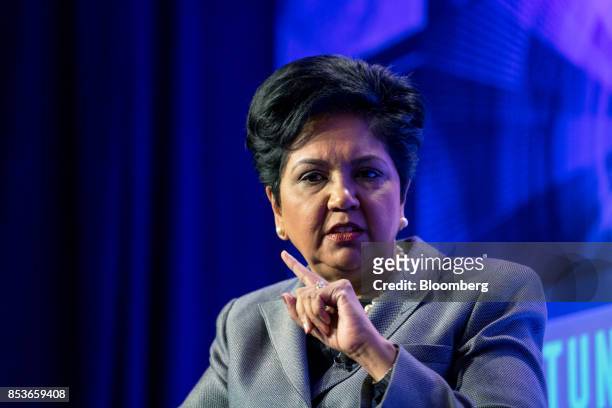 Indra Nooyi, chairman and chief executive officer of PepsiCo Inc., speaks during the CEO Initiative event in New York, U.S., on Monday, Sept. 25,...