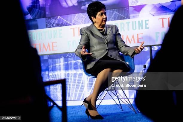 Indra Nooyi, chairman and chief executive officer of PepsiCo Inc., speaks during the CEO Initiative event in New York, U.S., on Monday, Sept. 25,...