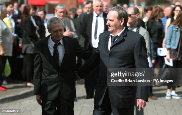Birmingham Six member Paddy Hill and Guilford Four member Paddy Armstrong attend the funeral of Gerry Conlon, who was wrongly convicted of the 1974...