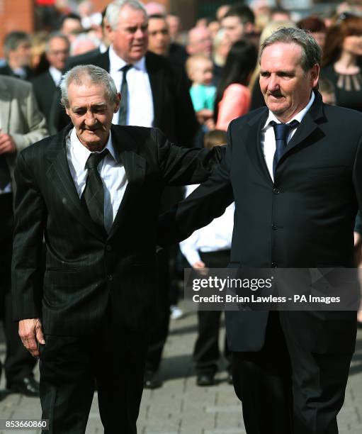 Birmingham Six member Paddy Hill and Guilford Four member Paddy Armstrong attend the funeral of Gerry Conlon, who was wrongly convicted of the 1974...