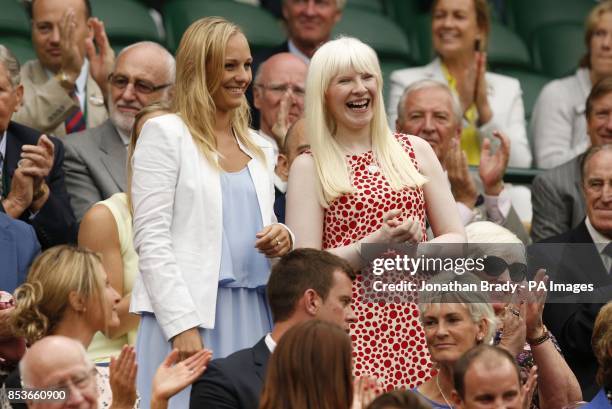 Paralympic skiiers Kelly Gallagher and Charlotte Evans in the Royal Box on Centre Court during day six of the Wimbledon Championships at the All...
