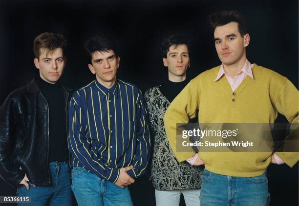 Photo of The Smiths and Mike JOYCE and Johnny MARR and Andy ROURKE and MORRISSEY; L-R: Andy Rourke, Mike Joyce, Johnny Marr, Morrissey - posed,...