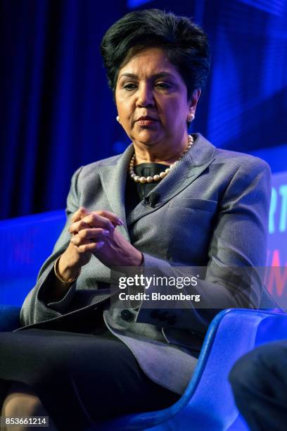 Indra Nooyi, chairman and chief executive officer of PepsiCo Inc., listens during the CEO Initiative event in New York, U.S., on Monday, Sept. 25,...