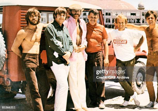 Photo of Murray WILSON and BEACH BOYS; L-R: Dennis Wilson, Carl Wilson, Mike Love, ?, Al Jardine, Bruce Johnston - posed, group shot, during making...