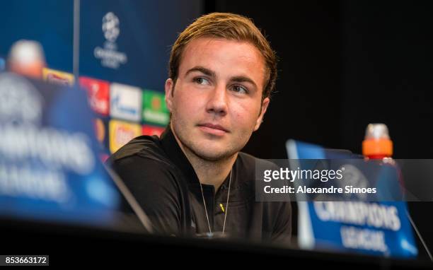 Mario Goetze attends a Borussia Dortmund press conference on the eve of the UEFA Champions League group H match against Real Madrid at Signal Iduna...