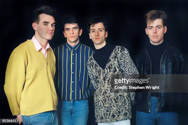 Photo of The Smiths and Andy ROURKE and Johnny MARR and Mike JOYCE and MORRISSEY; L-R: Morrissey, Mike Joyce, Johnny Marr, Andy Rourke - posed,...