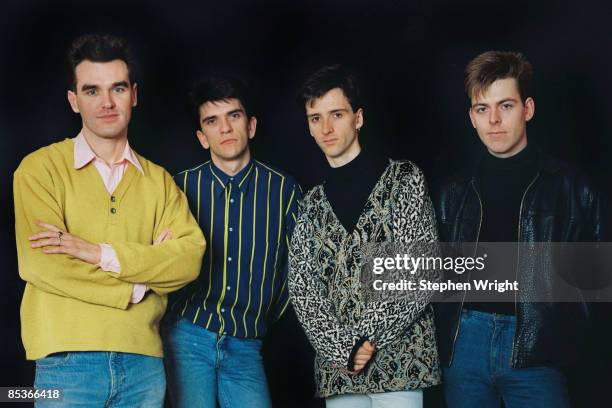 Photo of The Smiths, featuring, from left, Morrissey, Mike Joyce, Johnny Marr, Andy Rourke - posed, studio, group shot