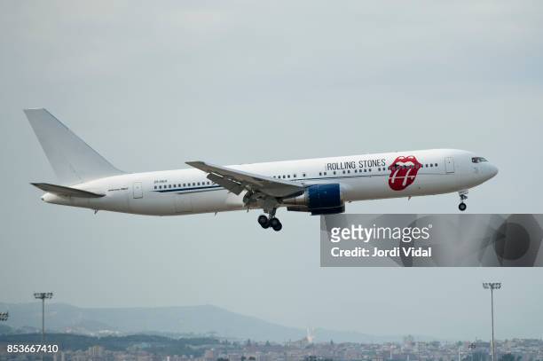 The Rolling Stones Boeing 767 landing at El Prat Airport on September 25, 2017 in Barcelona, Spain.