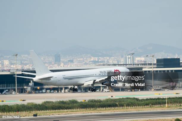 The Rolling Stones Boeing 767 landing at El Prat Airport on September 25, 2017 in Barcelona, Spain.