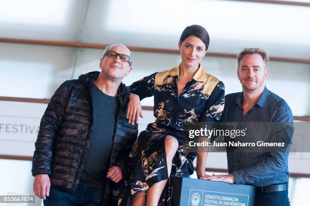 Daniel Araoz, Barbara Lennie and Claudio Tolcachir attend 'Una Especie de Familia' photocall during 65th San Sebastian Film Festival on September 25,...