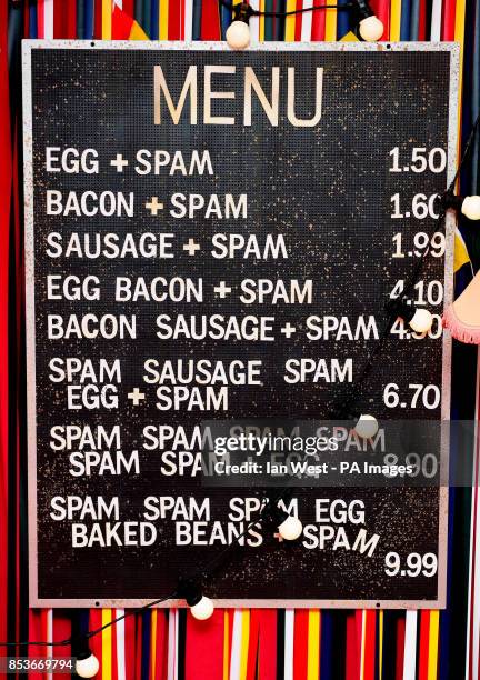 Menu of Spam based meals at the first night performance of the Monty Python Show Live at the O2 Arena, London.