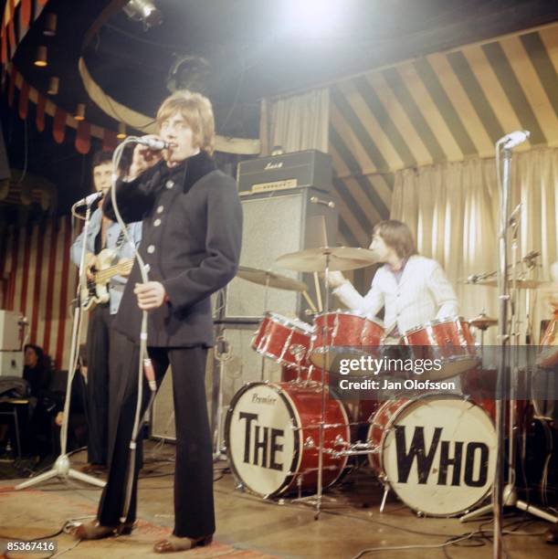 Photo of Keith MOON and Roger DALTREY and The Who, L-R: John Entwistle, Roger Daltrey and Keith Moon performing live onstage on 'Beat Club' German TV...