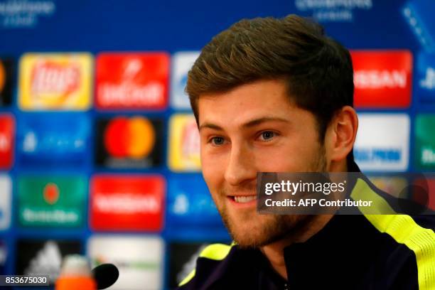 Tottenham Hotspur's Welsh defender Ben Davies speaks during a press conference at the GSP Stadium in Nicosia, on the eve of the UEFA Champions League...