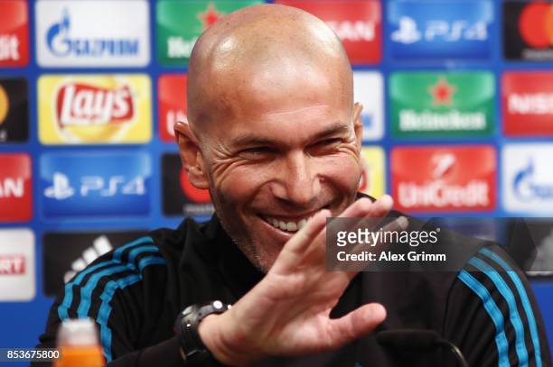 Head coach Zinedine Zidane attends a Real Madrid press conference ahead of their UEFA Champions League Group H match against Borussia Dortmund at...